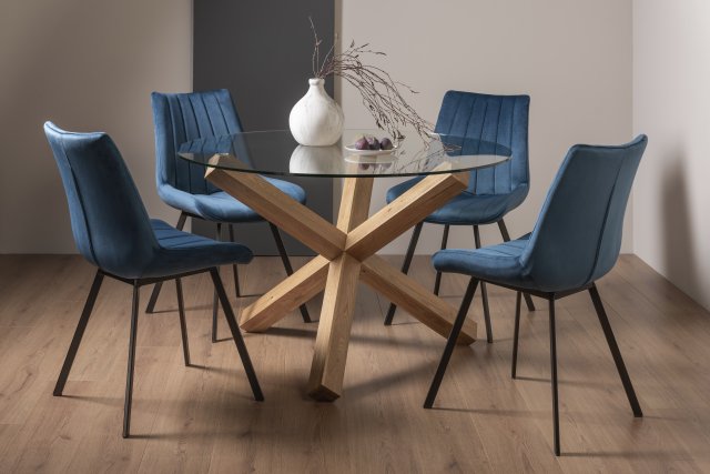 Premier Collection Turin Glass 4 Seater Table - Light Oak Legs & 4 Fontana Blue Velvet Chairs