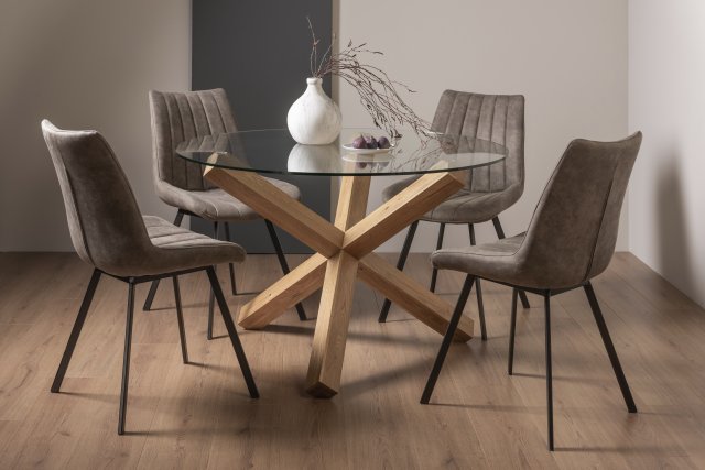 Premier Collection Turin Clear Tempered Glass 4 Seater Dining Table with Light Oak Legs & 4 Fontana Tan Faux Suede Fabric Chairs with Grey Hand Brushing on Black Powder Coated Legs