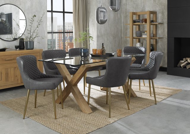 Turin Light Oak Cezanne Gold Dining, Glass Dining Table And 6 Faux Leather Chairs