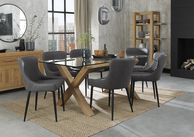 Premier Collection Turin Glass 6 Seater Table - Light Oak Legs & 6 Cezanne Dark Grey Faux Leather Chairs - Black Legs