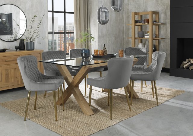 Premier Collection Turin Clear Tempered Glass 6 Seater Dining Table with Light Oak Legs & 6 Cezanne Grey Velvet Fabric Chairs with Matt Gold Plated Legs
