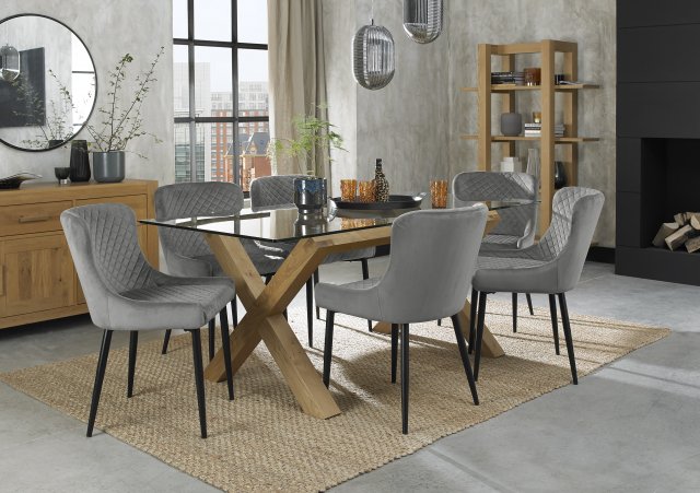 Premier Collection Turin Clear Tempered Glass 6 Seater Dining Table with Light Oak Legs & 6 Cezanne Grey Velvet Fabric Chairs with Sand Black Powder Coated Legs