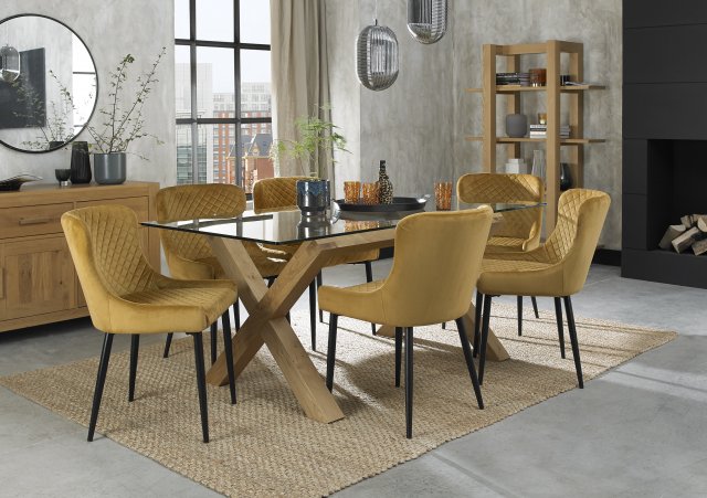 Premier Collection Turin Clear Tempered Glass 6 Seater Dining Table with Light Oak Legs & 6 Cezanne Mustard Velvet Fabric Chairs with Sand Black Powder Coated Legs