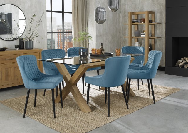 Premier Collection Turin Glass 6 Seater Table - Light Oak Legs & 6 Cezanne Petrol Blue Velvet Chairs - Black Legs