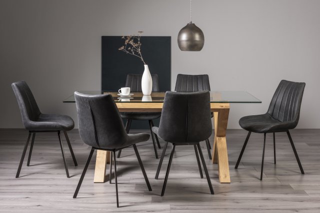 Premier Collection Turin Clear Tempered Glass 6 Seater Dining Table with Light Oak Legs & 6 Fontana Dark Grey Suede Fabric Chairs with Grey Hand Brushing on Black Powder Coated Legs