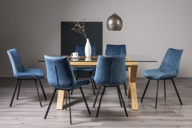 Premier Collection Turin Clear Tempered Glass 6 Seater Dining Table with Light Oak Legs & 6 Fontana Blue Velvet Fabric Chairs with Grey Hand Brushing on Black Powder Coated Legs