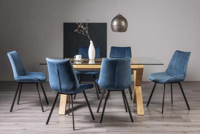 Premier Collection Turin Glass 6 Seater Table - Light Oak Legs & 6 Fontana Blue Velvet Chairs