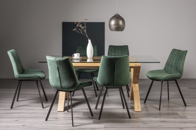 Premier Collection Turin Clear Tempered Glass 6 Seater Dining Table with Light Oak Legs & 6 Fontana Green Velvet Fabric Chairs with Grey Hand Brushing on Black Powder Coated Legs