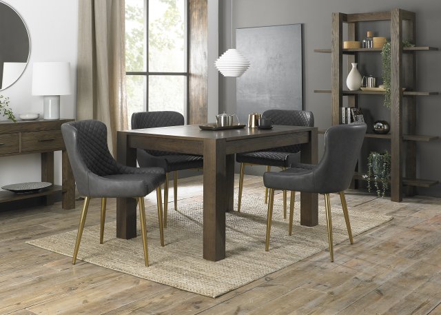 Premier Collection Turin Dark Oak 4-6 Seater Table & 4 Cezanne Dark Grey Faux Leather Chairs - Gold Legs