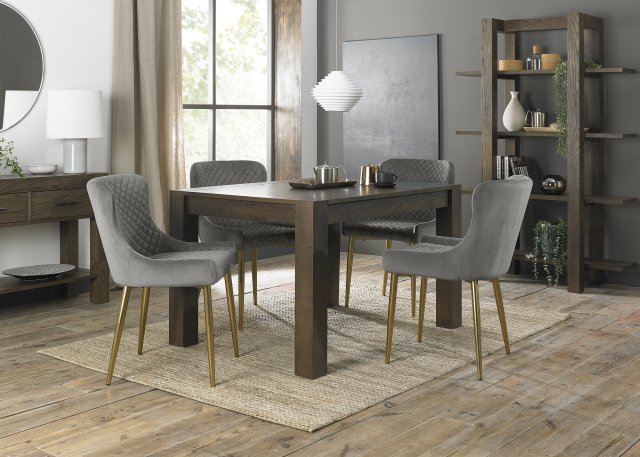 Premier Collection Turin Dark Oak 4-6 Seater Table & 4 Cezanne Grey Velvet Chairs - Gold Legs