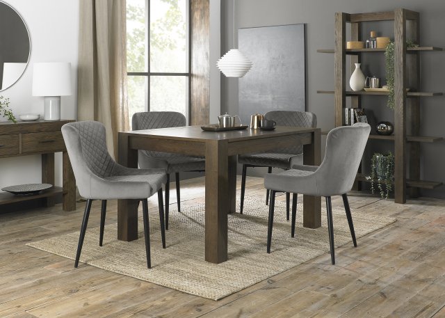 Premier Collection Turin Dark Oak 4-6 Seater Dining Table & 4 Cezanne Grey Velvet Fabric Chairs with Sand Black Powder Coated Legs