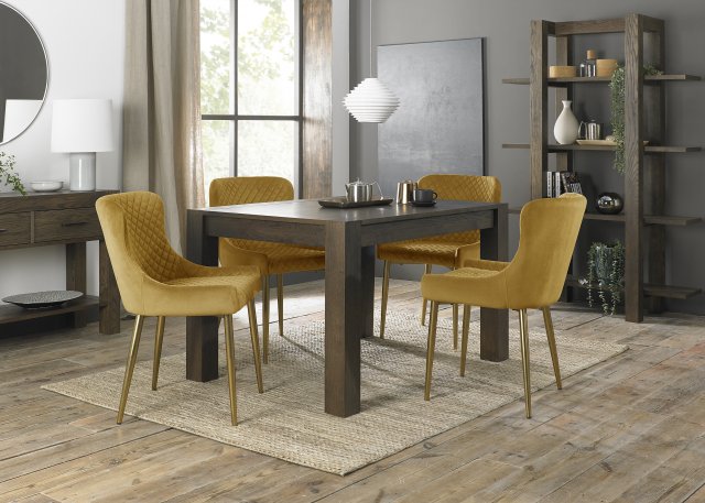 Premier Collection Turin Dark Oak 4-6 Seater Dining Table & 4 Cezanne Mustard Velvet Fabric Chairs with Matt Gold Plated Legs