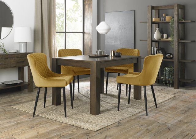 Premier Collection Turin Dark Oak 4-6 Seater Dining Table & 4 Cezanne Mustard Velvet Fabric Chairs with Sand Black Powder Coated Legs