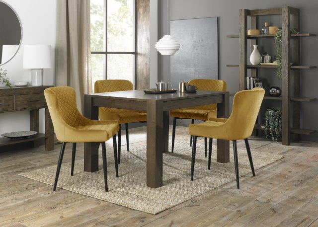 Premier Collection Turin Dark Oak 4-6 Seater Table & 4 Cezanne Mustard Velvet Chairs - Black Legs