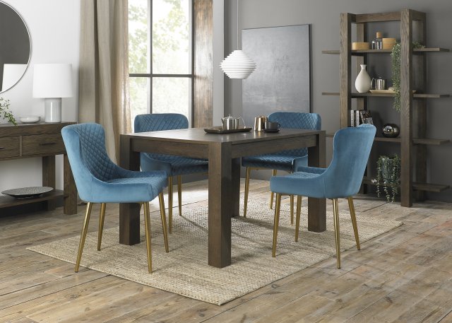 Premier Collection Turin Dark Oak 4-6 Seater Dining Table & 4 Cezanne Petrol Blue Velvet Fabric Chairs with Matt Gold Plated Legs