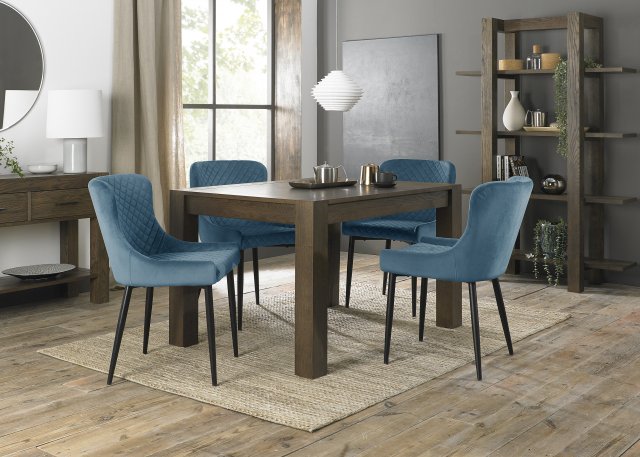 Premier Collection Turin Dark Oak 4-6 Seater Dining Table & 4 Cezanne Petrol Blue Velvet Fabric Chairs with Sand Black Powder Coated Legs