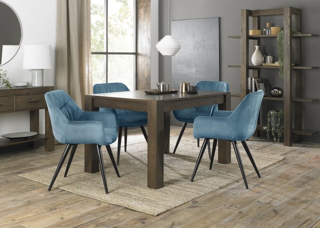 Premier Collection Turin Dark Oak 4-6 Seater Dining Table & 4 Dali Petrol Blue Velvet Fabric Chairs with Sand Black Powder Coated Legs