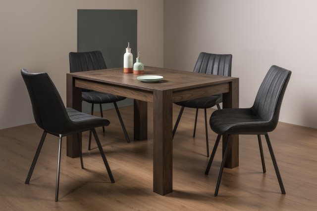 Premier Collection Turin Dark Oak 4-6 Seater Dining Table & 4 Fontana Dark Grey Faux Suede Fabric Chairs with Grey Hand Brushing on Black Powder Coated Legs