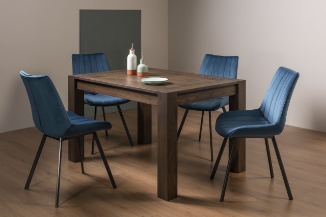 Premier Collection Turin Dark Oak 4-6 Seater Dining Table & 4 Fontana Blue Velvet Fabric Chairs with Grey Hand Brushing on Black Powder Coated Legs