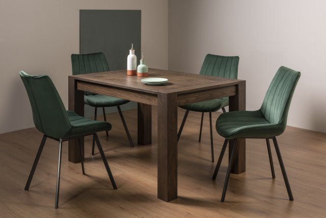 Premier Collection Turin Dark Oak 4-6 Seater Dining Table & 4 Fontana Green Velvet Fabric Chairs with Grey Hand Brushing on Black Powder Coated Legs