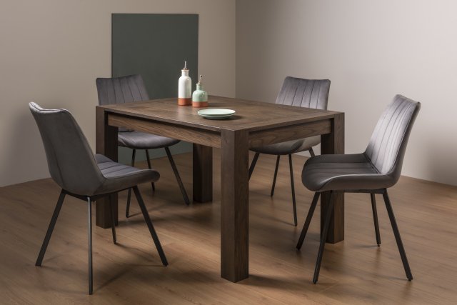 Premier Collection Turin Dark Oak 4-6 Seater Dining Table & 4 Fontana Grey Velvet Fabric Chairs with Grey Hand Brushing on Black Powder Coated Legs