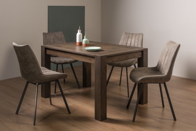 Premier Collection Turin Dark Oak 4-6 Seater Dining Table & 4 Fontana Tan Faux Suede Fabric Chairs with Grey Hand Brushing on Black Powder Coated Legs