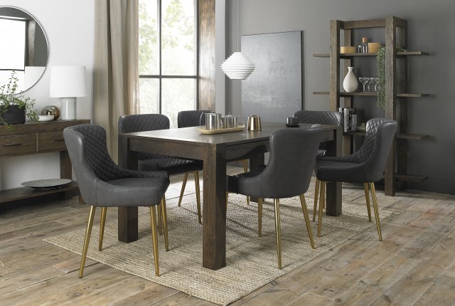 Premier Collection Turin Dark Oak 6-8 Seater Table & 6 Cezanne Dark Grey Faux Leather Chairs - Gold Legs