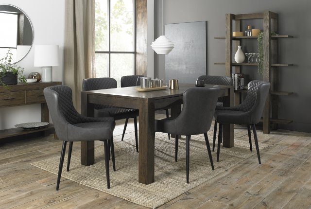 Premier Collection Turin Dark Oak 6-8 Seater Dining Table & 6 Cezanne Dark Grey Faux Leather Chairs with Sand Black Powder Coated Legs