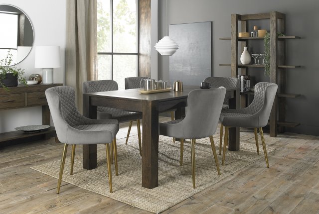 Premier Collection Turin Dark Oak 6-8 Seater Dining Table & 6 Cezanne Grey Velvet Fabric Chairs with Matt Gold Plated Legs