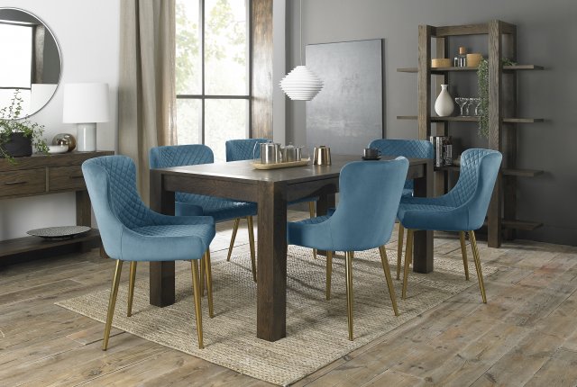 Premier Collection Turin Dark Oak 6-8 Seater Dining Table & 6 Cezanne Petrol Blue Velvet Fabric Chairs with Matt Gold Plated Legs