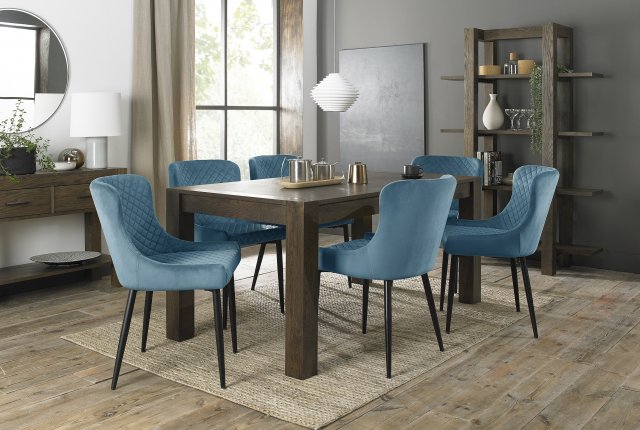 Premier Collection Turin Dark Oak 6-8 Seater Dining Table & 6 Cezanne Petrol Blue Velvet Fabric Chairs with Sand Black Powder Coated Legs