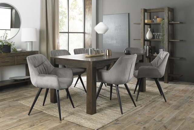 Premier Collection Turin Dark Oak 6-8 Seater Dining Table & 6 Dali Grey Velvet Fabric Chairs with Sand Black Powder Coated Legs