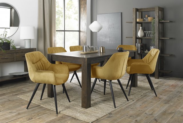 Premier Collection Turin Dark Oak 6-8 Seater Dining Table & 6 Dali Mustard Velvet Fabric Chairs with Sand Black Powder Coated Legs