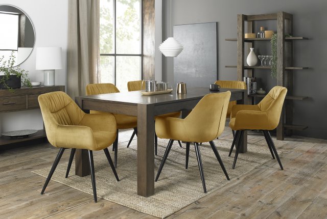 Premier Collection Turin Dark Oak Large 6-8 Seater Dining Table & 6 Dali Mustard Velvet Fabric Chairs with Sand Black Powder Coated Legs