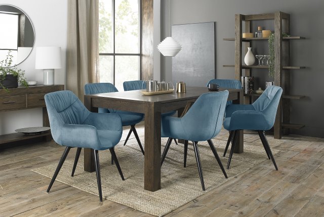 Premier Collection Turin Dark Oak 6-8 Seater Dining Table & 6 Dali Petrol Blue Velvet Fabric Chairs with Sand Black Powder Coated Legs