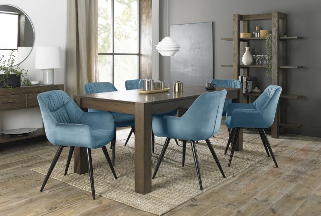 Premier Collection Turin Dark Oak Large 6-8 Seater Table & 6 Dali Petrol Blue Velvet Chairs