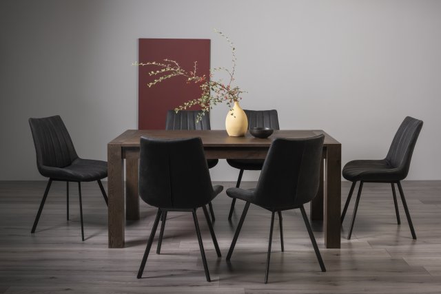 Premier Collection Turin Dark Oak 6-8 Seater Dining Table & 6 Fontana Dark Grey Faux Suede Fabric Chairs with Grey Hand Brushing on Black Powder Coated Legs