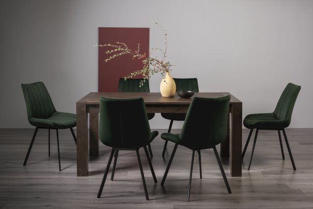 Premier Collection Turin Dark Oak 6-8 Seater Dining Table & 6 Fontana Green Velvet Fabric Chairs with Grey Hand Brushing on Black Powder Coated Legs