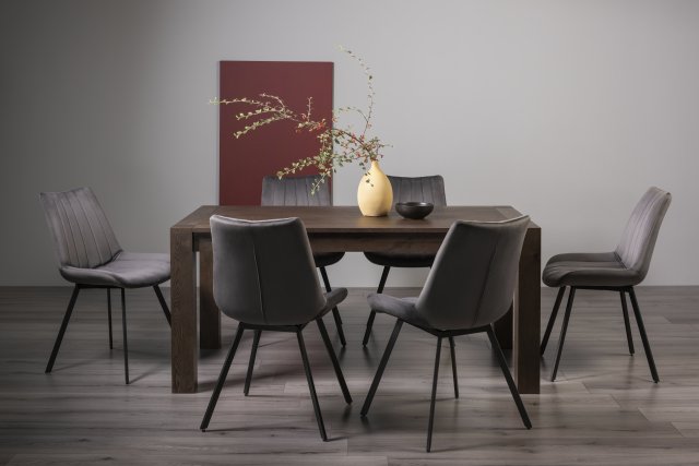 Premier Collection Turin Dark Oak 6-8 Seater Dining Table & 6 Fontana Grey Velvet Fabric Chairs with Grey Hand Brushing on Black Powder Coated Legs