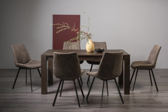 Premier Collection Turin Dark Oak 6-8 Seater Dining Table & 6 Fontana Tan Faux Suede Fabric Chairs with Grey Hand Brushing on Black Powder Coated Legs