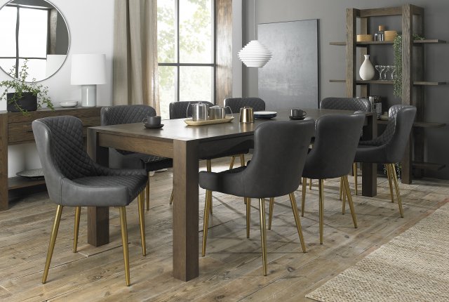 Premier Collection Turin Dark Oak 6-10 Seater Table & 8 Cezanne Dark Grey Faux Leather Chairs - Gold Legs