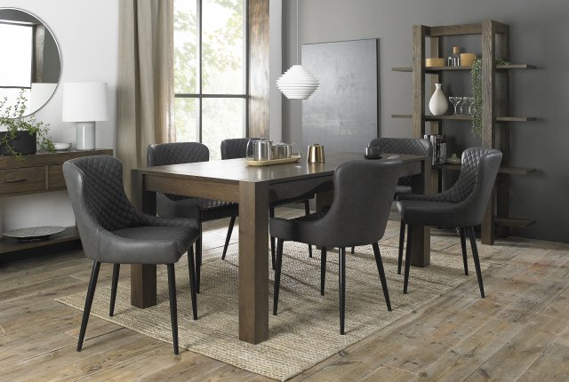 Premier Collection Turin Dark Oak 6-10 Seater Table & 8 Cezanne Dark Grey Faux Leather Chairs - Black Legs