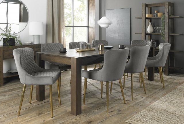 Premier Collection Turin Dark Oak 6-10 Seater Dining Table & 8 Cezanne Grey Velvet Fabric Chairs with Matt Gold Plated Legs