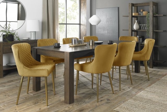 Premier Collection Turin Dark Oak 6-10 Seater Dining Table & 8 Cezanne Mustard Velvet Fabric Chairs with Matt Gold Plated Legs