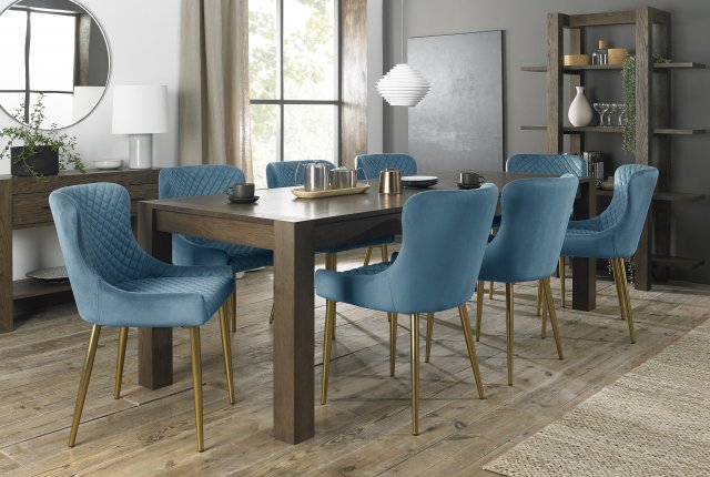 Premier Collection Turin Dark Oak 6-10 Seater Dining Table & 8 Cezanne Petrol Blue Velvet Fabric Chairs with Matt Gold Plated Legs