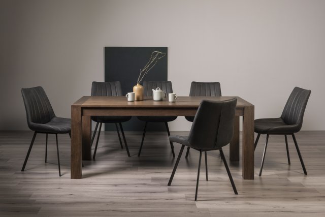 Premier Collection Turin Dark Oak 6-10 Seater Dining Table & 8 Fontana Dark Grey Faux Suede Fabric Chairs with Grey Hand Brushing on Black Powder Coated Legs
