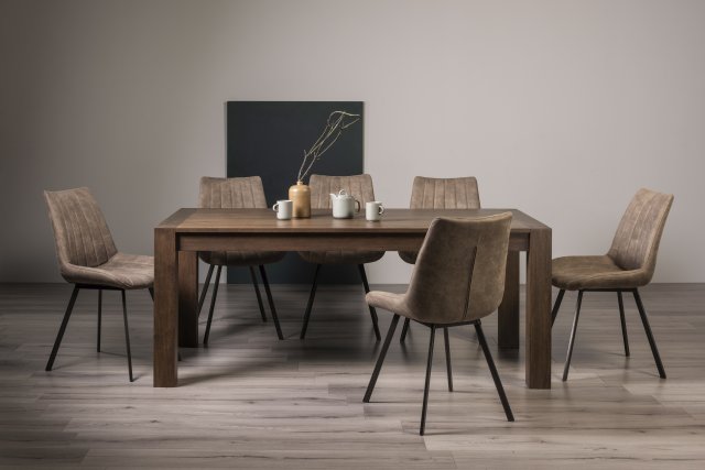 Premier Collection Turin Dark Oak 6-10 Seater Dining Table & 8 Fontana Tan Faux Suede Fabric Chairs with Grey Hand Brushing on Black Powder Coated Legs