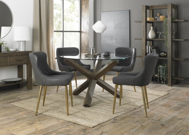 Premier Collection Turin Glass 4 Seater Table - Dark Oak Legs & 4 Cezanne Dark Grey Faux Leather Chairs - Gold Legs