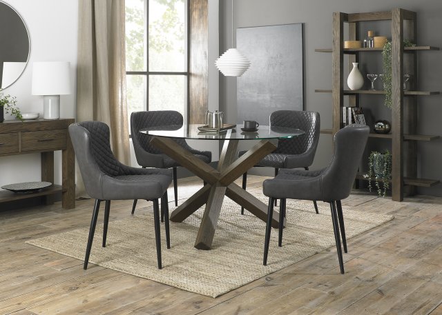 Premier Collection Turin Glass 4 Seater Table - Dark Oak Legs & 4 Cezanne Dark Grey Faux Leather Chairs - Black Legs