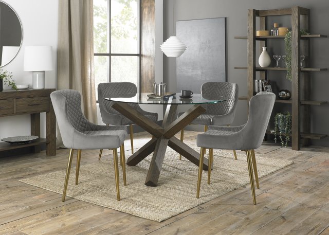 Premier Collection Turin Clear Tempered Glass 4 Seater Dining Table with Dark Oak Legs & 4 Cezanne Grey Velvet Fabric Chairs with Matt Gold Plated Legs